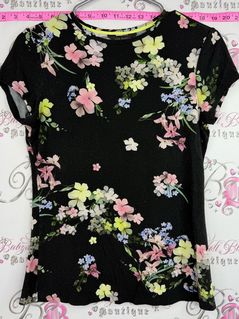 Ted Baker London Black Floral Short Sleeve Tee with Pink, Yellow and Blue Blooms